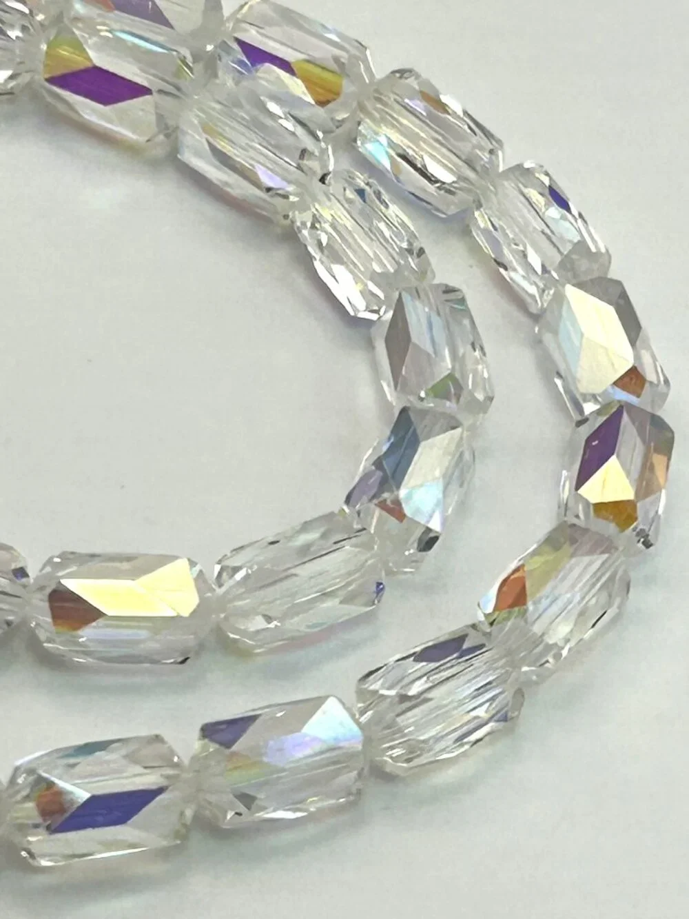 Vintage AB Crystal Rainbow Barrel Bead Necklace Aurora Borealis 16”